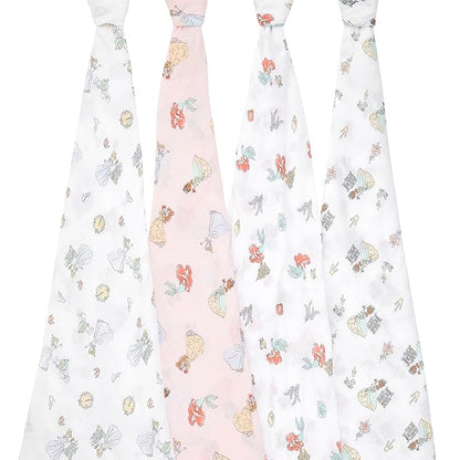 aden + anais Essentials Muslin Swaddle Blankets, Newborn Receiving Blanket for Swaddling, 100% Cotton Baby Swaddle Wrap, 4 Pack, Disney Princess