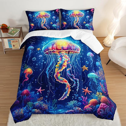Fantasy Jellyfish Comforter Twin Bedding Sets for Girls Kids Toddlers,Coral Starfish Ocean Theme Bedroom Decor,Blue Underwater World Bedding Sets with 2 Pillowcases.