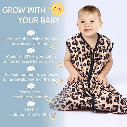 3 Pack Baby Sleep Sack 100% Rayon Cotton Baby Sleeping Bag 2-Way Zipper Toddler Wearable Blankets TOG 0.3. (Leopard&Cobble&Green, 12-18 Months)