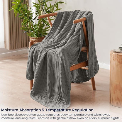 PHF Cooling Muslin Throw Blanket for Hot Sleepers, 60% Rayon Derived from Bamboo, 40% Cotton for Summer, 4-Layer Breathable Gauze Blanket for Bed Couch, 50"x60", Grey