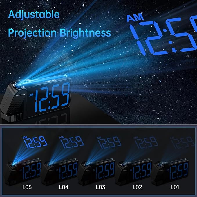 Peakeep Projection Alarm Clock for Bedroom Ceiling, Loud for Heavy Sleepers, RGB Nightlight, Multi-Color Large Display 5 Brightness Dimmer, Plug in Bedside Electric LED Digital Clock with USB Port