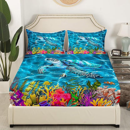 Sea Turtle Kids Fitted Sheet Queen Size,Coral Seaweed Marine Life Bedding Set,Boys Girls Room Decor,World Ocean Animals Bed Cover,Sea Blue Bed Sheet,2 Pillowcases