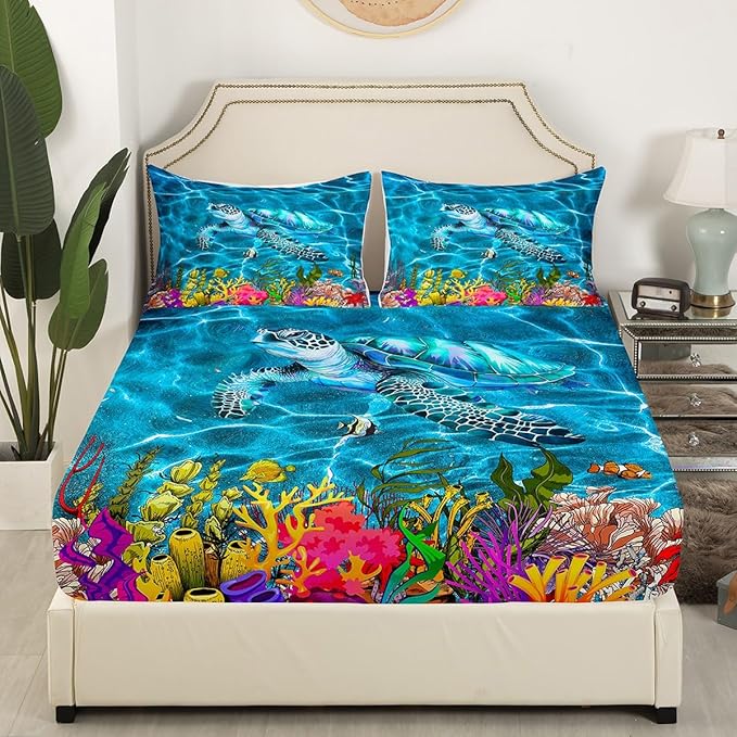 Sea Turtle Kids Fitted Sheet Twin Size,Coral Seaweed Marine Life Bedding Set,Boys Girls Room Decor,World Ocean Animals Bed Cover,Sea Blue Bed Sheet,1 Pillowcase