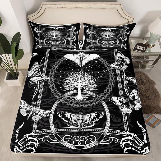 Manfei Gothic Moth Kids Sheet Set Full Size, Human Skeleton Skull Bed Sheet Set 4pcs (Fitted Sheet, Flat Sheet, 2 Pillowcases), Death Moth Butterfly Bedding Set for Boys Teens Bedroom Decor