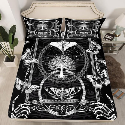 Manfei Gothic Moth Kids Sheet Set Twin Size, Human Skeleton Skull Bed Sheet Set 3pcs (Fitted Sheet, Flat Sheet, 1 Pillowcase), Death Moth Butterfly Bedding Set for Boys Teens Bedroom Decor