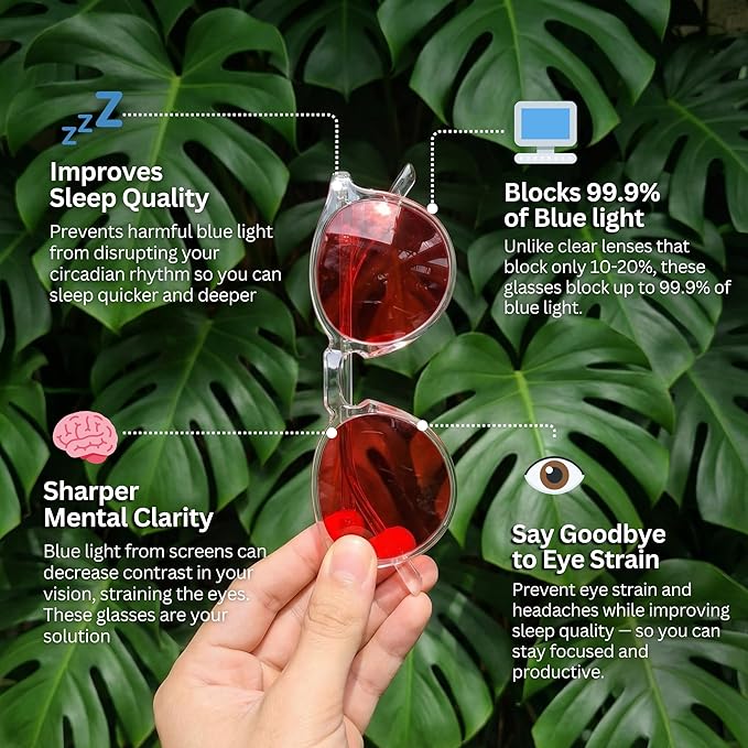 PRIMALS Blue Light Blocking Glasses - Extra Strength - Blocks 99.9% Blue Light - Improves Sleep & Focus - Computer/Gaming/TV/Phones - (Red Lens + Clear Frame)