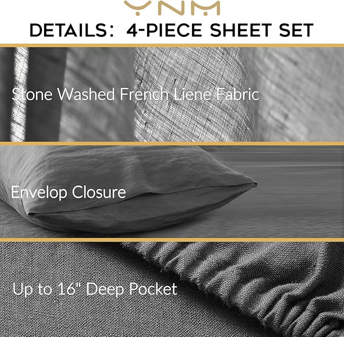 YnM French Linen Sheet Set - 4-Piece Set Includes Flat Sheet, Fitted Sheet, and 2 Pillowcases – California King, Dark Grey