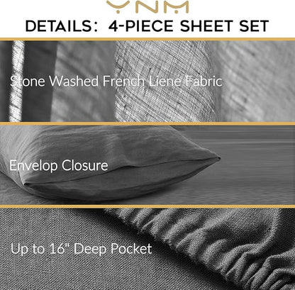 YnM French Linen Sheet Set - 4-Piece Set Includes Flat Sheet, Fitted Sheet, and 2 Pillowcases – California King, Dark Grey