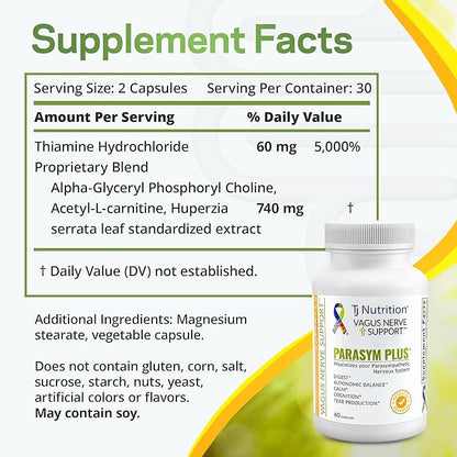 Parasym Plus Vagus Nerve Support, Patented Digestive Nutritional Supplements, Energy Booster for Men and Women, Memory Supplement for Brain, Gentle Immune System Support, 60 Capsules