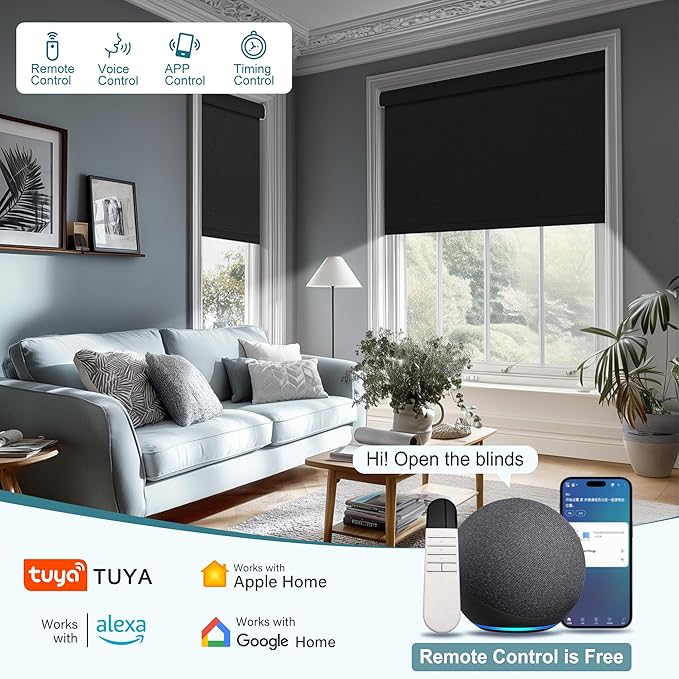 Motorized Blinds with Remote,Blackout Smart Roller Shades with App,Voice Control,Linen Fabric,Thermal Insulated Automatic Blinds,Electric Shades with USB/Solar Pannel.Linen Black