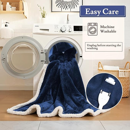 Electric Heated Blanket 62"x84" Twin Size Flannel & Sherpa - 4 Heat Settings & 10H Auto Shut Off for Safe Overnight Use, Fast Heating, Machine Washable for Bed, Couch, Office - Dark Blue
