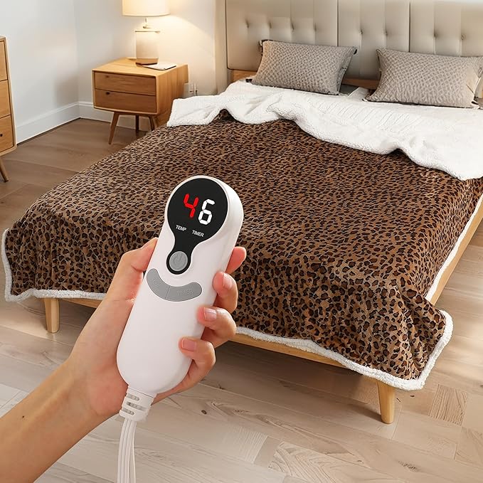 LUXIAN Electric Heated Blanket King Size 90"x100" - Microplush & Sherpa Fabric Dual-Sided, 9 Heat Settings & 10 Hours Auto Off, Cozy Warming Throw for Office or Bed, Machine Washable, Leopard Print