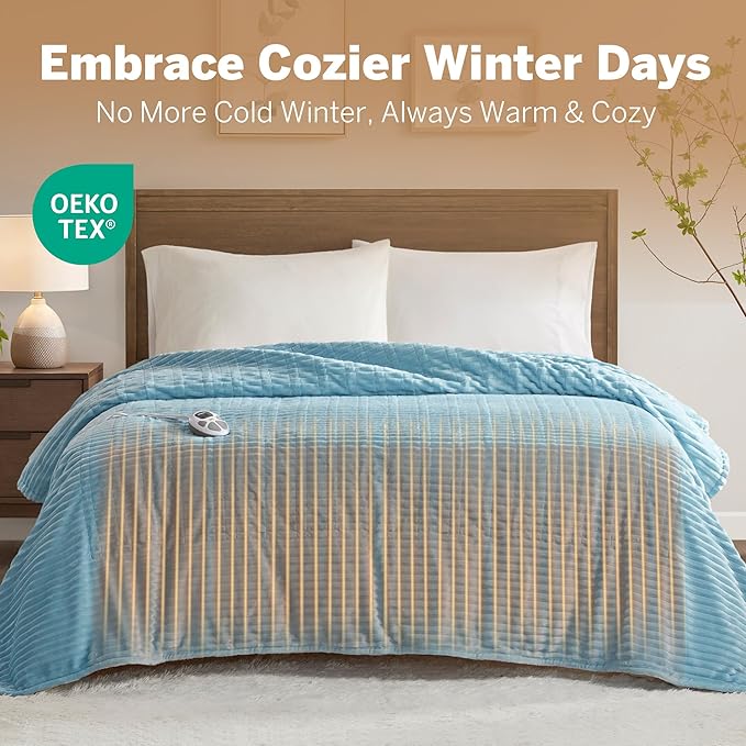 Serta Electric Blanket, Soft, Ribbed, Plush Heating Blanket Twin for Office, Couch, 1-12 hr Auto Shut Off Timer, 10 Lv Heating, ETL Certified, Twin 62"x84" Sky Blue