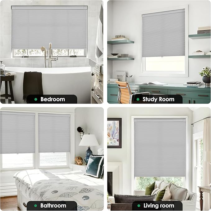 LazBlinds No Tools No Drill Cordless Cellular Shades, Light Filtering Honeycomb Shades for Home, Thermal Insulation Blinds for Windows, 37" W x 48" H, Grey