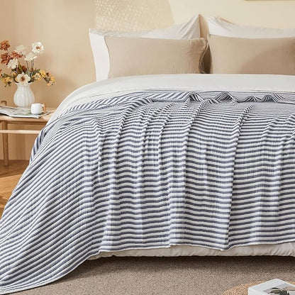 EMME Cotton Muslin Twin XL Blanket Breathable Gauze Soft Lightweight Adults Gifts for Women (Striped Navy, 66"x90")