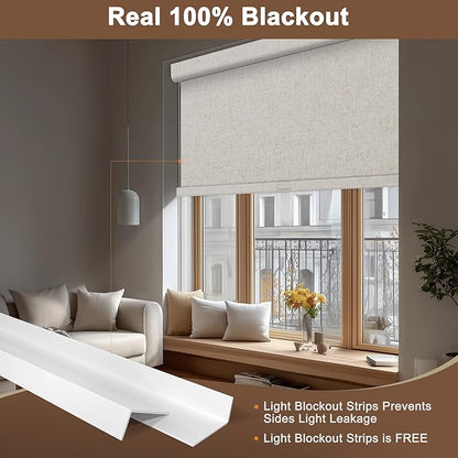 BERISSA No Drill No Tools Blackout Roller Shades for Indoor Windows Cordless, Linen Fabric,Roller Blinds with Light Blocking Strips,Window Shades for Home,Bedroom,Custom Color.Custom Size