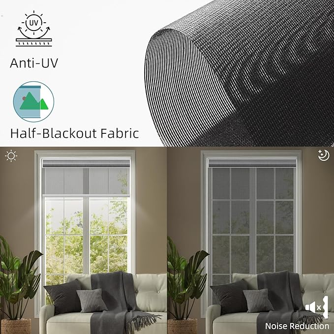 SmartWings Motorized Light Filtering Shades, 50% Blackout PVC Free Smart Blinds, Custom Size, Rechargeable Battery, Works with Matter/Apple HomeKit, Alexa, Thread/Zigbee, Remote Optional, 50% Charcoal
