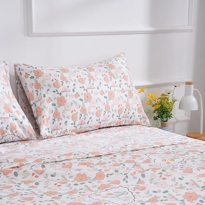 Spring Floral Printed Sheet Set Full Size, 4 Piece Soft Botanical Microfiber Sheets and Pillowcases - Deep Pocket, Wrinkle Free and Soft Bed Sheets Set Bedding Decor