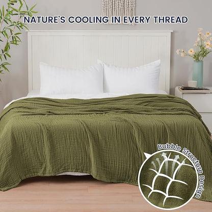 PHF Cooling Muslin King Blanket for Hot Sleepers, 60% Viscose from Bamboo, 40% Cotton and 4-Layer Breathable Gauze Blanket for Bed Couch, 108"x90", Olive Green
