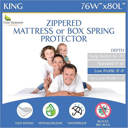 King Zippered Mattress Protector (8"-11" Depth) Waterproof Encasement Premium Quality Hypoallergenic Bed Cover Protects from Dust White