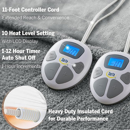 Serta Heated Blanket, Electric King Size Blanket, Soft, Warm, Fuzzy Heating Blanket King for Office, Couch, 1-12 hr Auto Shut Off Timer, 10 Lv Heat Setting, ETL Certified, King 100" x 90" Grey