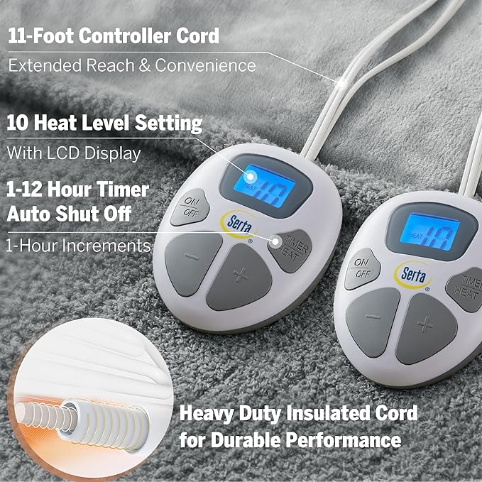 Serta Heated Electric Queen Blanket - Soft, Warm, Fuzzy for Office, Couch - 1-12 Hr Auto Shut Off, 10 Heat Settings, ETL Certified - 84" x 90" Grey