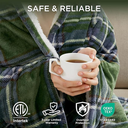 Woolrich Heated Throw Blanket with Ultra Soft Plush and Sherpa Reverse, 12 Heat Settings, Auto Shut-Off, Farmhouse & English Country Gift Throw – Green Plaid Pattern, 50"x60"