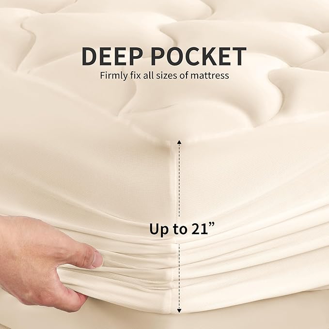SLEEP ZONE Full Size Soft Mattress Pad, Quilted Fitted Mattress Cover for Bedroom, Fluffy Down Alternative Mattress Protector, Deep Pocket 8~21 inch, Machine Washable (Beige, Full)