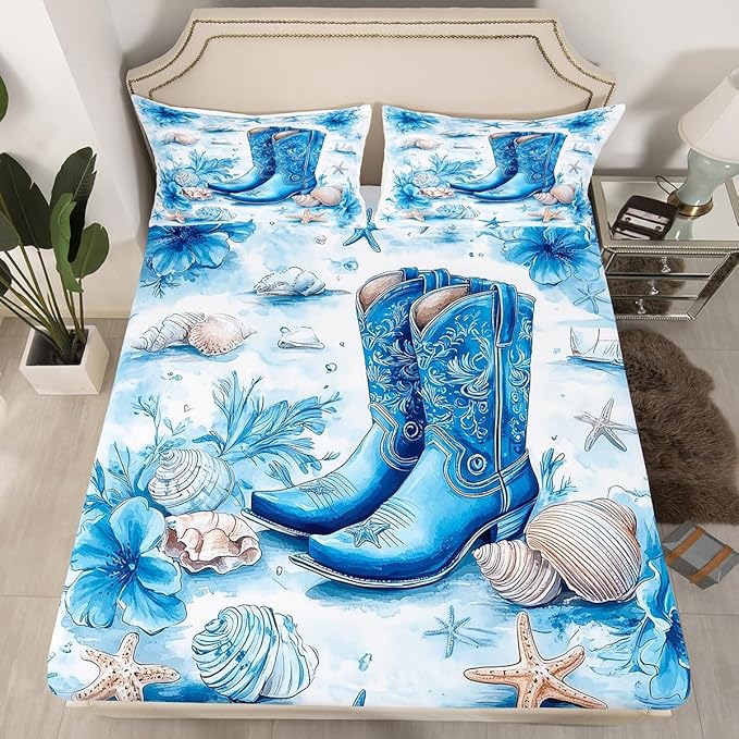 Western Cowboy Fitted Sheet,Blue Tribal Boots Watercolor Flowers Tie Dye Paint Sheet Set (No Flat Sheet) for Teens,Ocean Beach Shell Conch Starfish Bedding Set with 2 Pillowcases,Queen Size
