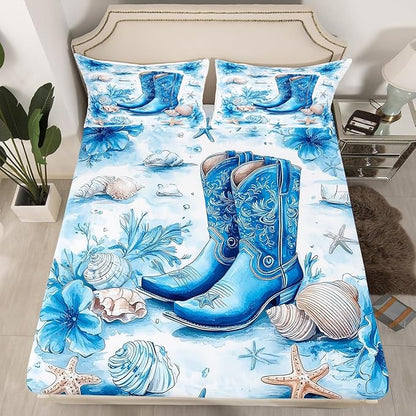 Western Cowboy Fitted Sheet,Blue Tribal Boots Watercolor Flowers Tie Dye Paint Sheet Set (No Flat Sheet) for Teens,Ocean Beach Shell Conch Starfish Bedding Set with 2 Pillowcases,Queen Size
