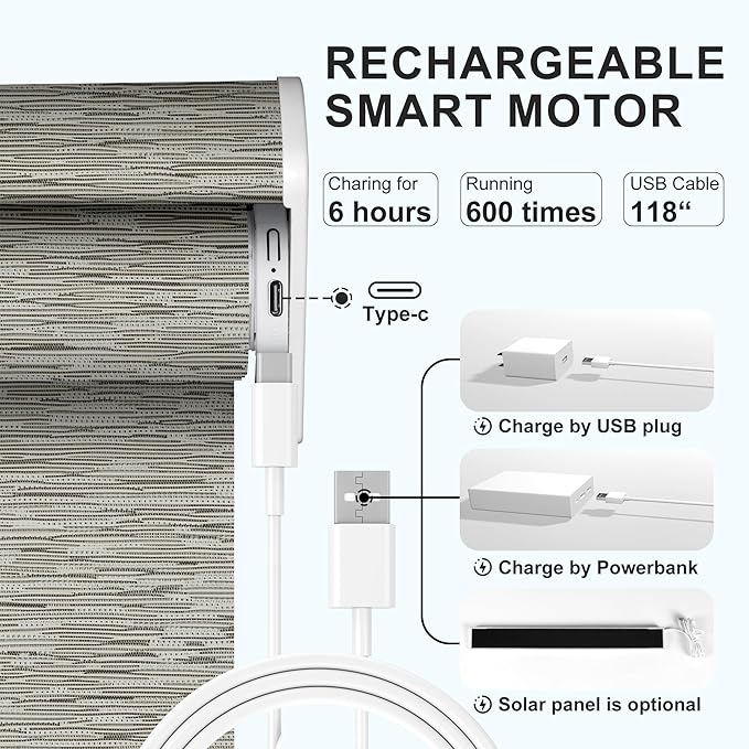 Motorized Blinds with Remote,Light Filtering Smart Roller Shades with App,Voice Control,Thermal Insulated Automatic Blinds,Electric Shades with USB/Solar Pannel.Filter Jacquard Brown