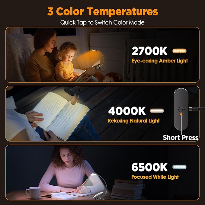 TATAANTY Book Light for Reading at Night- Eye Caring 3 Color Modes&Stepless Dimming LED Book Reading Light,Rechargeable 70Hrs Lasting Runtime Lightweight Clip-on Book Light for Book Lover,'25Upgrade