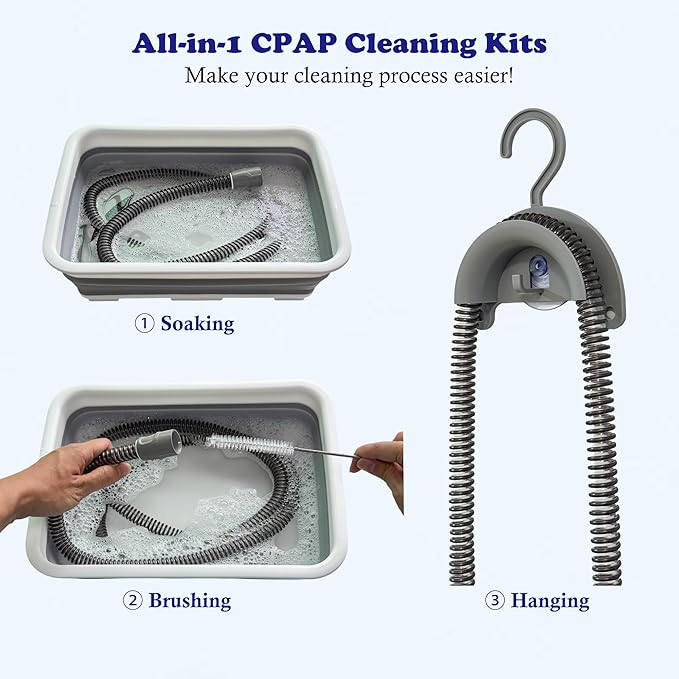CPAP Cleaning Kits with Tube and Mask Brush, Collapsible Wash Basin & Hose Hanger - CPAP Hose Cleaner Supplies to Make Cpap Accessories Cleaning, Drying, Storing Easier