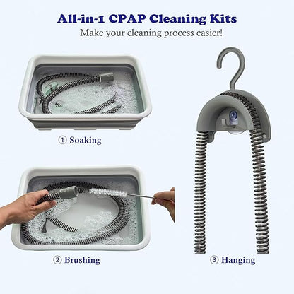 CPAP Cleaning Kits with Tube and Mask Brush, Collapsible Wash Basin & Hose Hanger - CPAP Hose Cleaner Supplies to Make Cpap Accessories Cleaning, Drying, Storing Easier