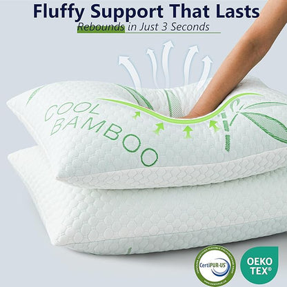 Cooling Pillows, Shredded Memory Foam Pillows King Size Set of 2 Adjustable Firm Bamboo Bed Pillows for Hot, Side, Back and Stomach Sleepers