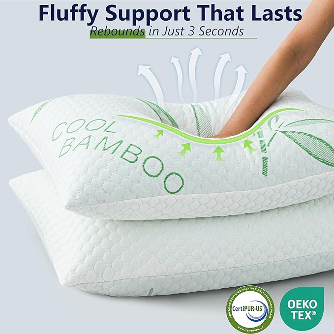Cooling Pillows, Shredded Memory Foam Pillows Standard Size Set of 2 Adjustable Firm Bamboo Bed Pillows for Hot, Side, Back and Stomach Sleepers
