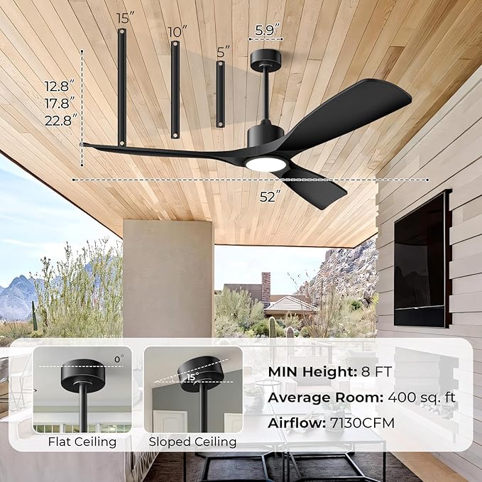 52"Smart Ceiling Fan with Lights,Outdoor Ceiling Fan Work with Alexa/Gg/App/Remote,3-Color Light Dimmable 6-Speed Quiet Reversible for Patio Porch Bedroom,Black