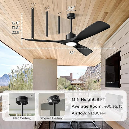 52"Smart Ceiling Fan with Lights,Outdoor Ceiling Fan Work with Alexa/Gg/App/Remote,3-Color Light Dimmable 6-Speed Quiet Reversible for Patio Porch Bedroom,Black