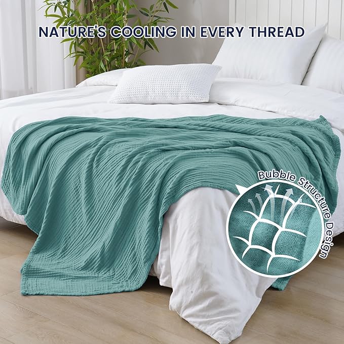 PHF Cooling Muslin Throw Blanket for Hot Sleepers, 60% Viscose from Bamboo, 40% Cotton and 4-Layer Breathable Gauze Blanket for Bed Couch, 50"x60", Teal Blue