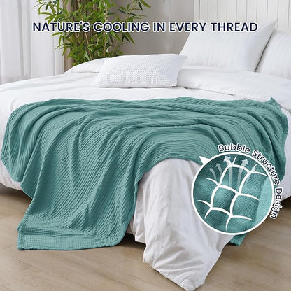 PHF Cooling Muslin Throw Blanket for Hot Sleepers, 60% Viscose from Bamboo, 40% Cotton and 4-Layer Breathable Gauze Blanket for Bed Couch, 50"x60", Teal Blue