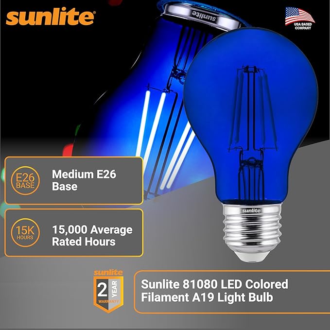 Sunlite 81080 LED Colored Filament A19 Light Bulb, 4.5 Watts, Medium E26 Base, 120 Volts, Transparent Blue, Dimmable, 320 Degree Beam Angle, UL Listed, 2 Count