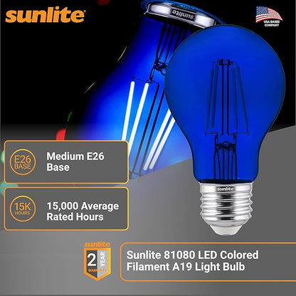 Sunlite 81080 LED Colored Filament A19 Light Bulb, 4.5 Watts, Medium E26 Base, 120 Volts, Transparent Blue, Dimmable, 320 Degree Beam Angle, UL Listed, 2 Count