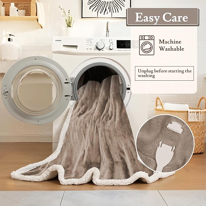 Electric Heated Blanket 72"x84" Full Size Flannel & Sherpa - 4 Heat Settings & 10H Auto Shut Off for Safe Overnight Use, Fast Heating, Machine Washable for Bed, Couch, Office - Brown