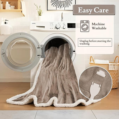 Electric Heated Blanket 72"x84" Full Size Flannel & Sherpa - 4 Heat Settings & 10H Auto Shut Off for Safe Overnight Use, Fast Heating, Machine Washable for Bed, Couch, Office - Brown