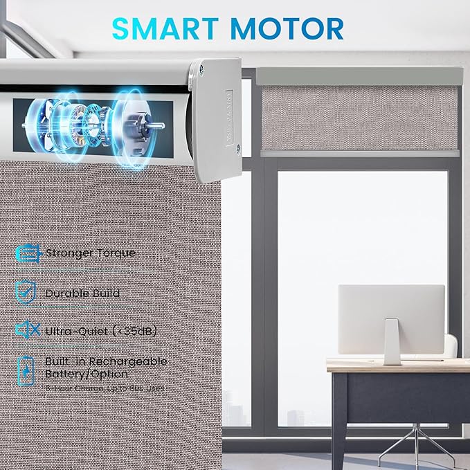 Motorized 100% Blackout Roller Shades – Custom Smart Blinds with Remote Control, Rechargeable Battery or Plug-in Motor, Tuya WiFi Optional, Home & Office Automatic Window Shades (Mocha Gray/CH9565)