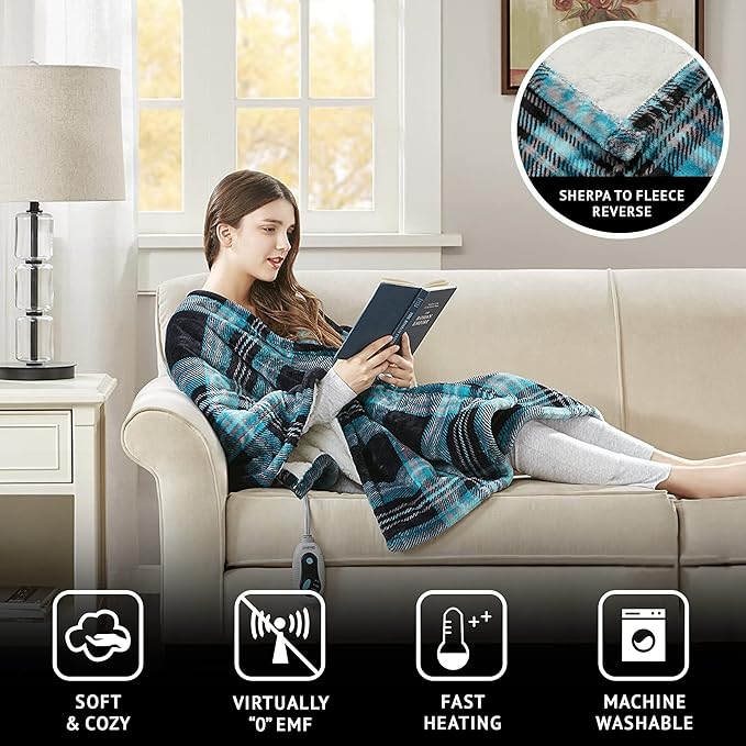 Beautyrest Wearable Electric Poncho Wrap Blanket, Ultra Soft Sherpa & Berber Fleece Heated Throw, UL Certified & Oeko-TEX, 3 Heat Settings & 2 Hour Auto Shutoff, Gift-Ready, 50" x 64", Aqua Plaid
