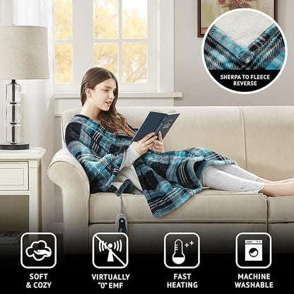 Beautyrest Wearable Electric Poncho Wrap Blanket, Ultra Soft Sherpa & Berber Fleece Heated Throw, UL Certified & Oeko-TEX, 3 Heat Settings & 2 Hour Auto Shutoff, Gift-Ready, 50" x 64", Aqua Plaid