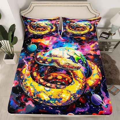 Snake Fitted Sheet Queen Size,Starry Sky Galaxy Nebula Planet Trippy Bedding Set,Boys Girls Room Decor,Reptile Animals Outer Space Universe Bed Cover,Purple Fashion Bed Sheet,2 Pillowcases