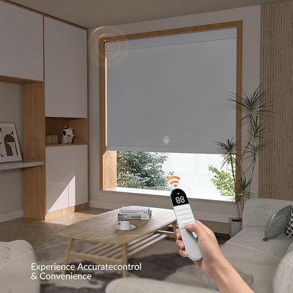 Boolegon Motorized Roller Blinds with Remote Control, Blackout Linen Fabric-Matched Automatic Roller Shades for Windows, Rechargeable Electric Window Shades for Home, Office, White, Custom Now