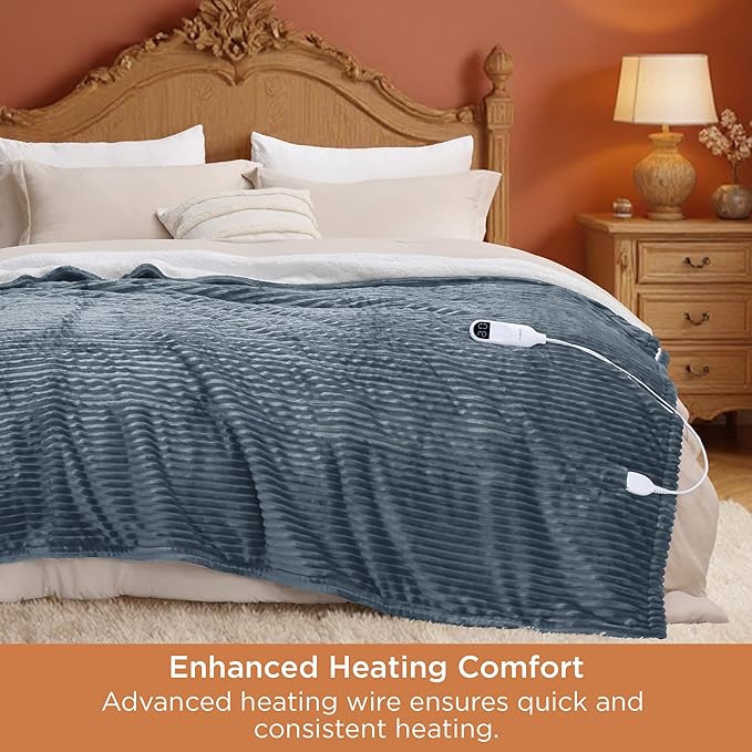 Bedsure GentleSoft Electric Blanket Queen Size - Soft Ribbed Flannel Heated Blanket with Dual Control, Heating with 10 Heat Settings & 10 Time Settings, 8 hrs Timer Auto Shut Off (84x90 inches, Grey)